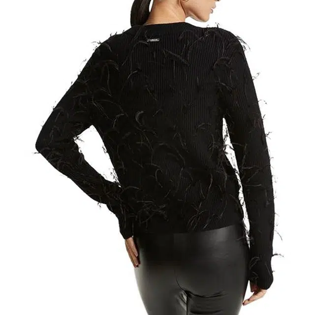 MICHAEL KORS SS23 Feather Embellished Merino Wool Blend Cropped Sweater