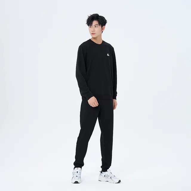 匹克 国潮系列 休闲运动纯色宽松保暖瑜伽跑步出行篮球训练百搭长袖直筒透气短袖松紧腰束脚长裤健身套装 男女同款 三件套
