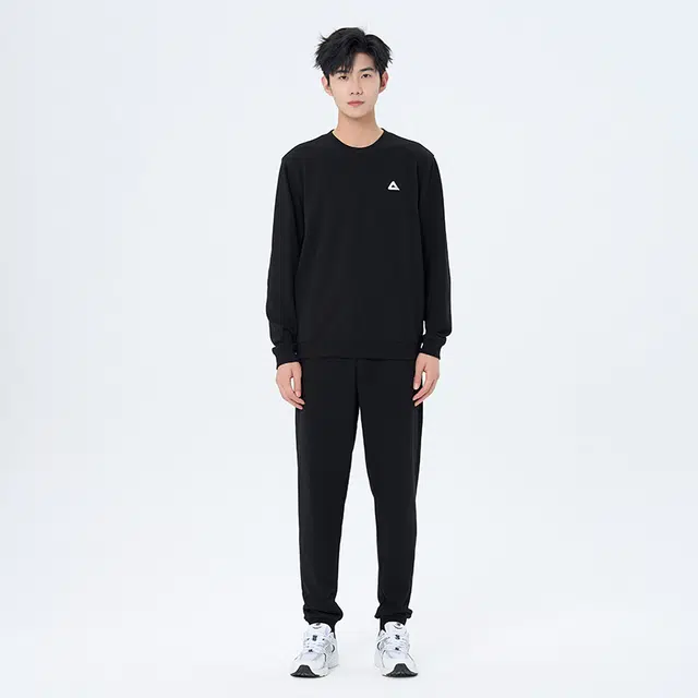 匹克 国潮系列 休闲运动纯色宽松保暖瑜伽跑步出行篮球训练百搭长袖直筒透气短袖松紧腰束脚长裤健身套装 男女同款 三件套