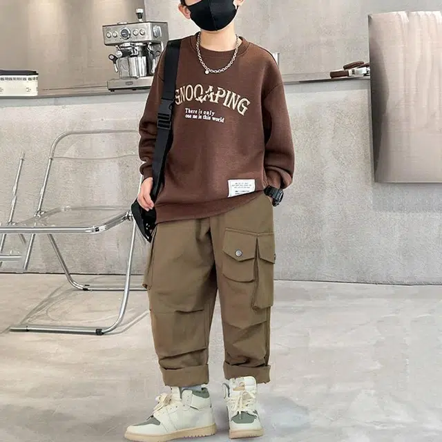 憨憨象 字母舒适宽松圆领卫衣潮酷耐磨防风保暖工装裤休闲运动套装 青少年