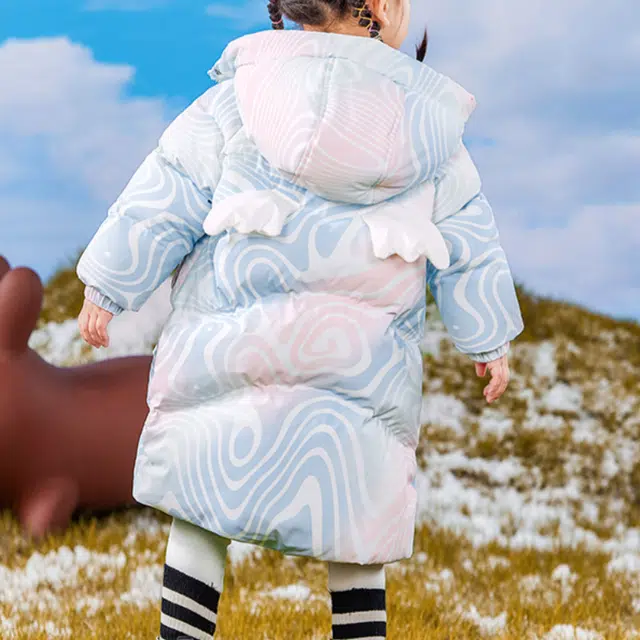 鸭鸭 连帽防寒加厚鸭绒保暖中长款羽绒服 蓝粉色 中小童