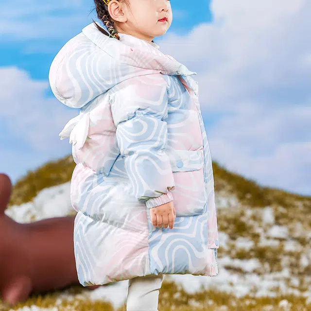 鸭鸭 连帽防寒加厚鸭绒保暖中长款羽绒服 蓝粉色 中小童