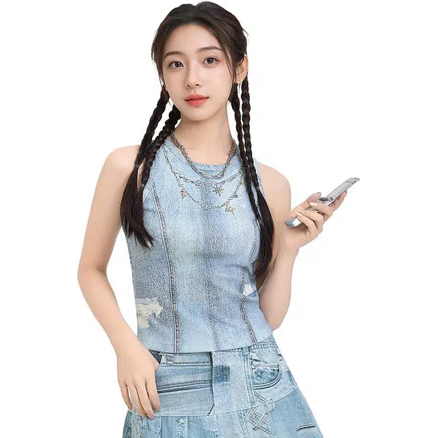 三福 项链印花渐变圆领无袖背心 女款