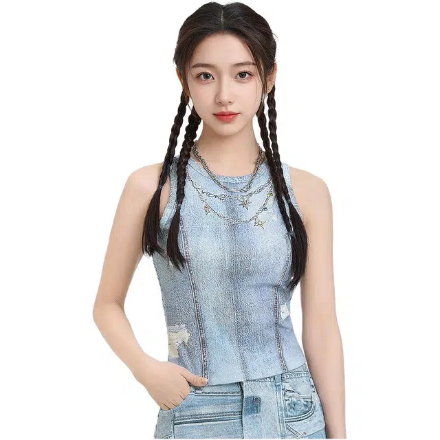 三福 项链印花渐变圆领无袖背心 女款