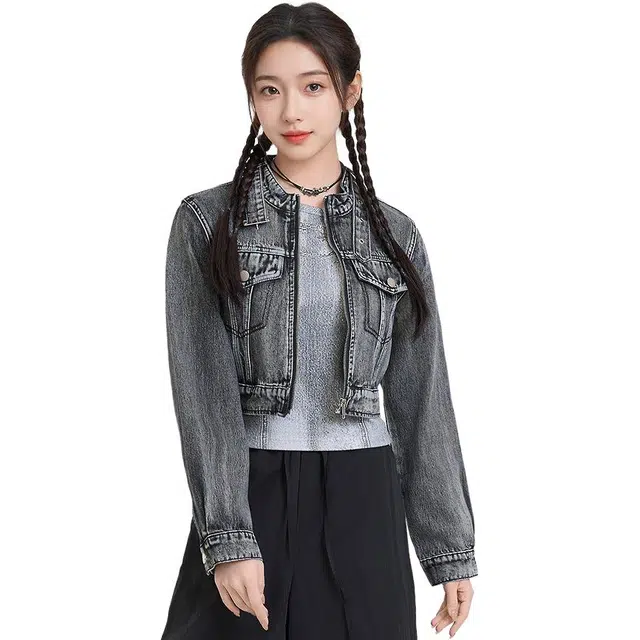 三福 简约立领拉链长袖牛仔外套 女款