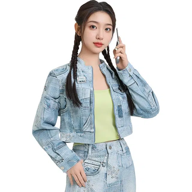 三福 简约立领拉链长袖牛仔外套 女款