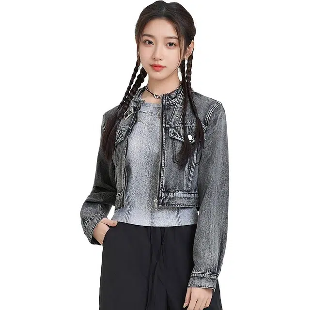 三福 简约立领拉链长袖牛仔外套 女款