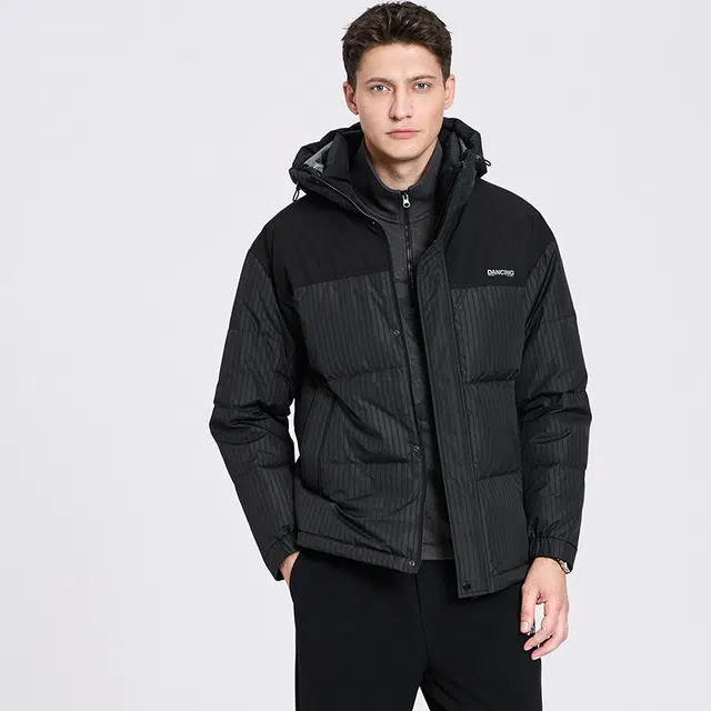 与狼共舞 石墨烯科技保暖时尚条纹外套鹅绒内胆连帽羽绒服 男款 黑色