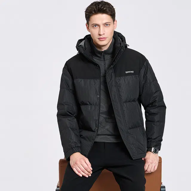 与狼共舞 石墨烯科技保暖时尚条纹外套鹅绒内胆连帽羽绒服 男款 黑色
