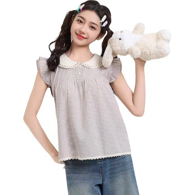 三福 格子娃娃领舒适短袖衬衫 女款 卡其格