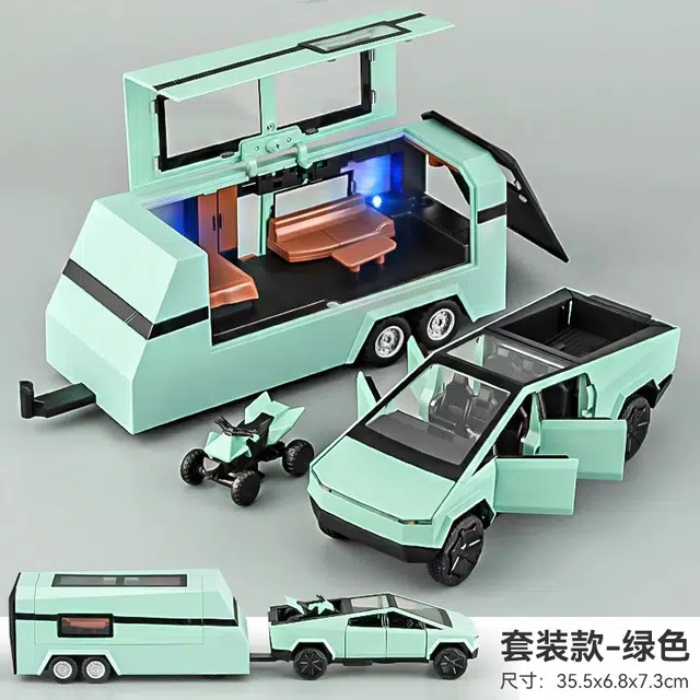 星星科教 特斯拉皮卡拖挂旅行房车合金车模 成品模型