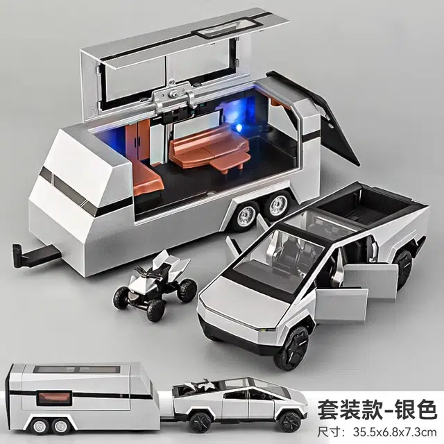 星星科教 特斯拉皮卡拖挂旅行房车合金车模 成品模型