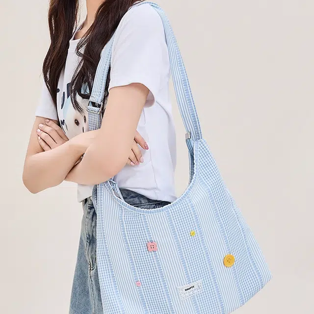 三福 竖条纹清新休闲通勤 织物 斜挎包 中号 女款 蓝色