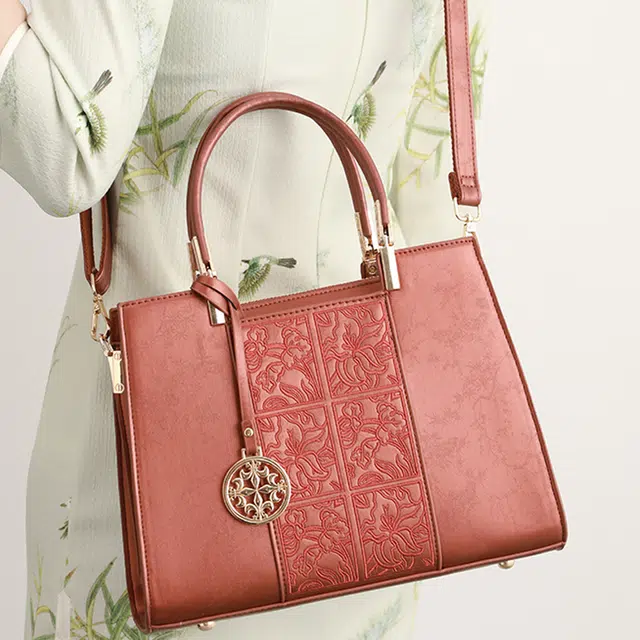 恒源祥 简约经典印花清新软压花百搭时尚潮流高贵典雅 超纤合成革 单肩手提包 女款 红色