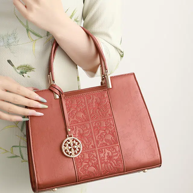 恒源祥 简约经典印花清新软压花百搭时尚潮流高贵典雅 超纤合成革 单肩手提包 女款 红色