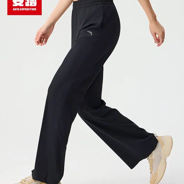 超级安踏 纯色中腰舒适百搭透气直筒休闲裤 女款 基础黑