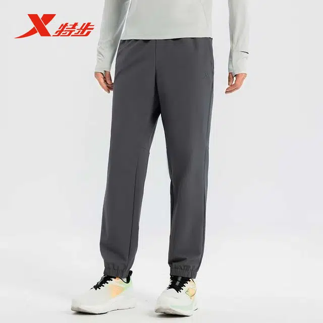 特步 综训系列运动生活系列 纯色中腰舒适透气百搭束脚运动长裤 男款 铁器灰