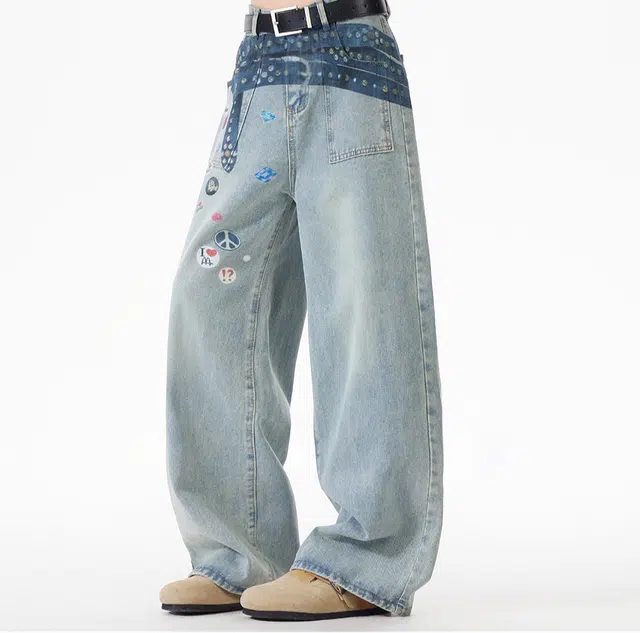 太子龍 美式街头腰带徽章印花宽松直筒百搭拖地裤子牛仔裤 男女同款