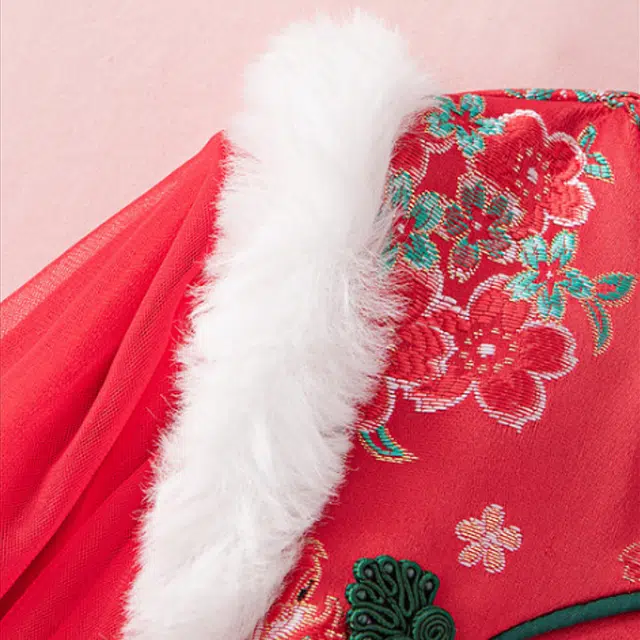 十月妈咪 童装 网纱裙公主裙礼服飘逸表演服外出服保暖长袖碎花加绒加厚儿童连衣裙 冬 儿童款 喜庆红