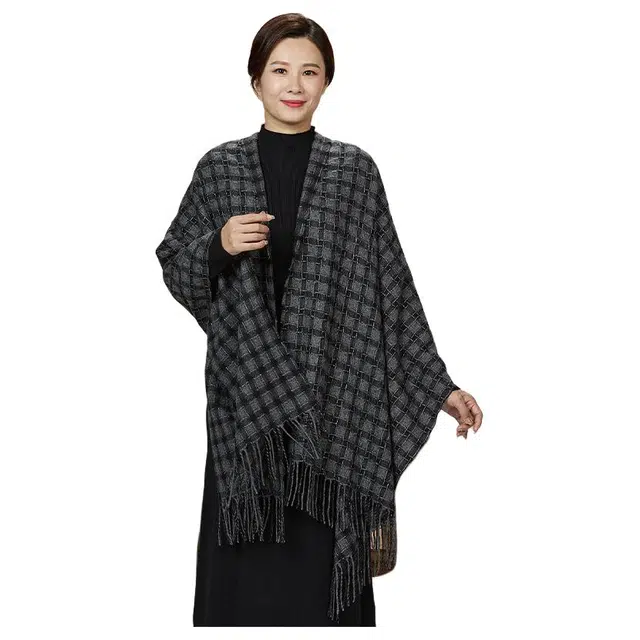 恒源祥 黑灰格加银丝多臂轻缩 山羊绒 披肩 女款