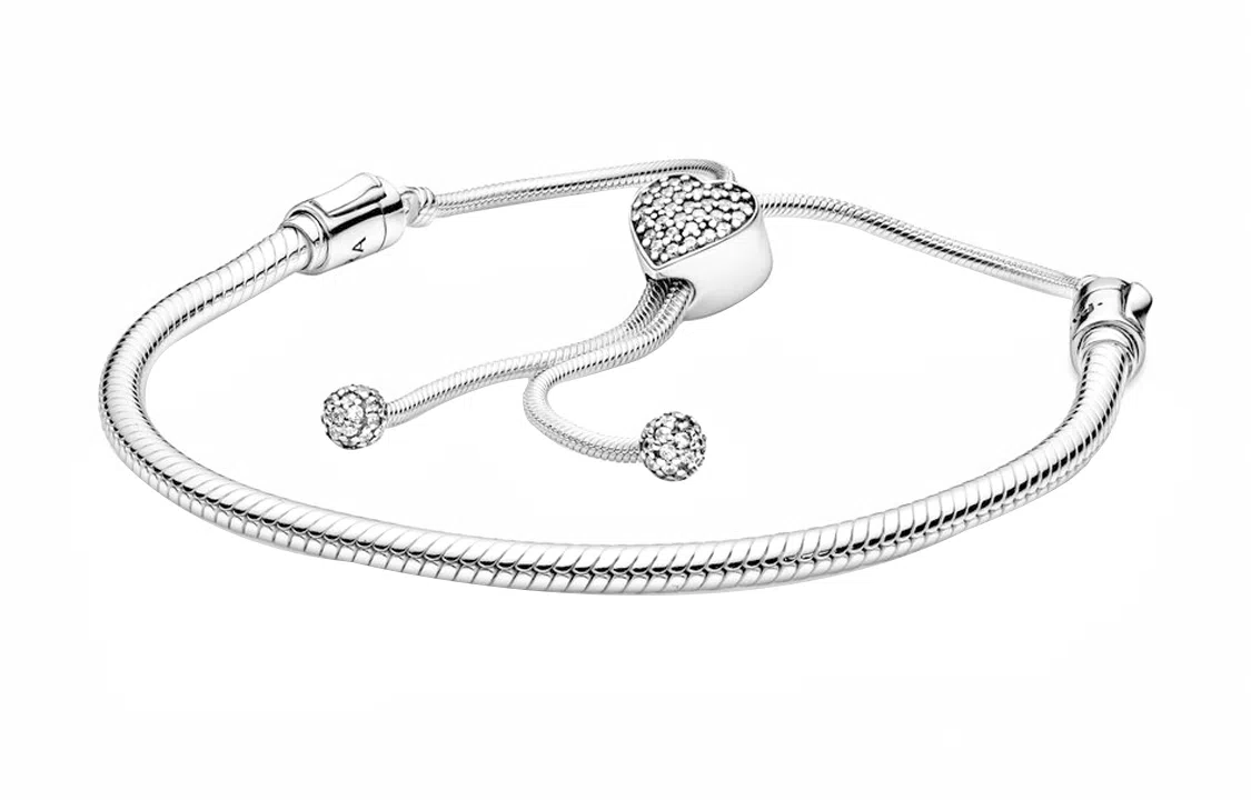 Pandora Moments Pavé Heart Clasp Snake Chain Bracelet Silver