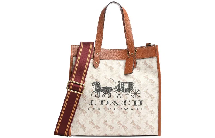 COACH Field 30 Tote Bag Brown White