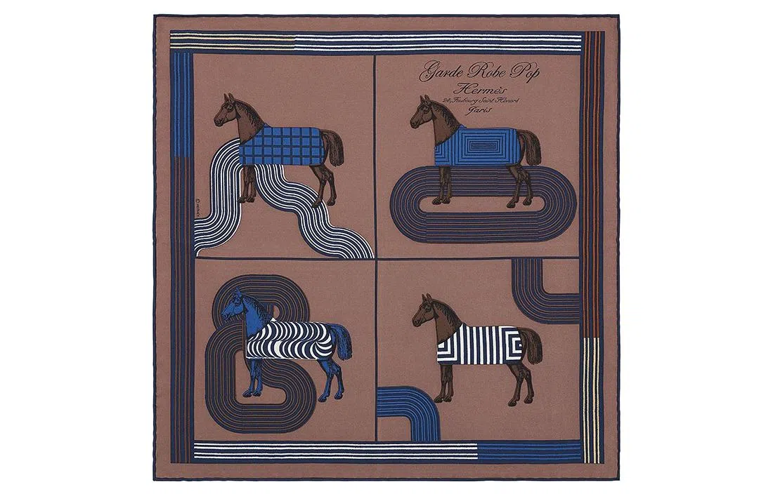 Hermes Scarf 45cm Ice Brown/Navy Blue/White
