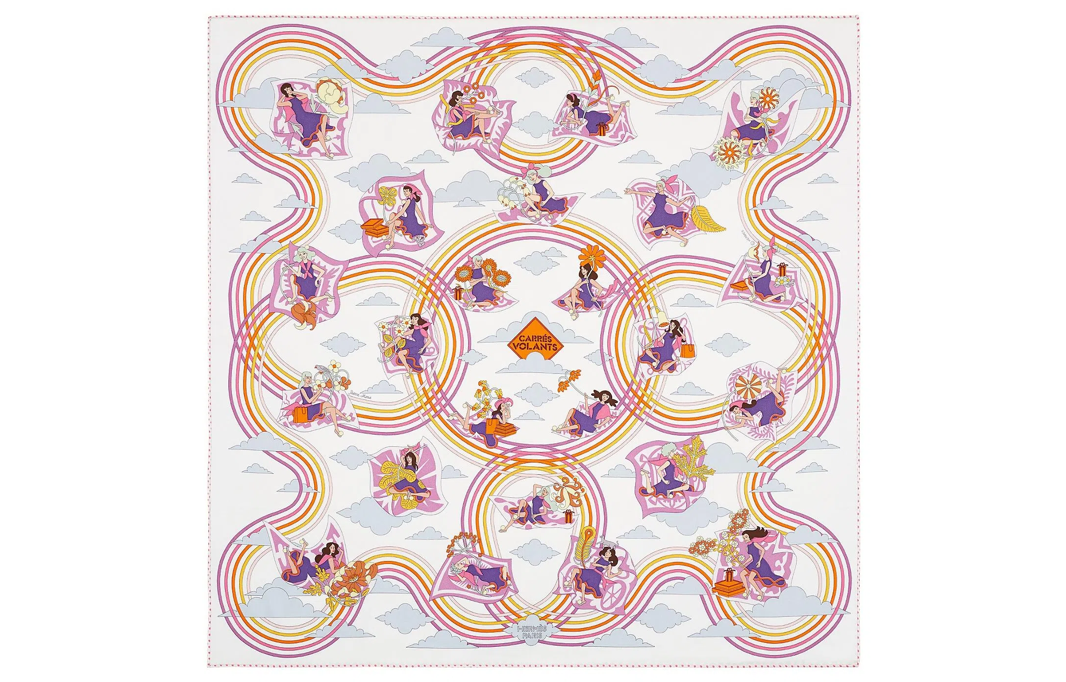 Hermes Scarf 70x70cm White/Purple/Orange