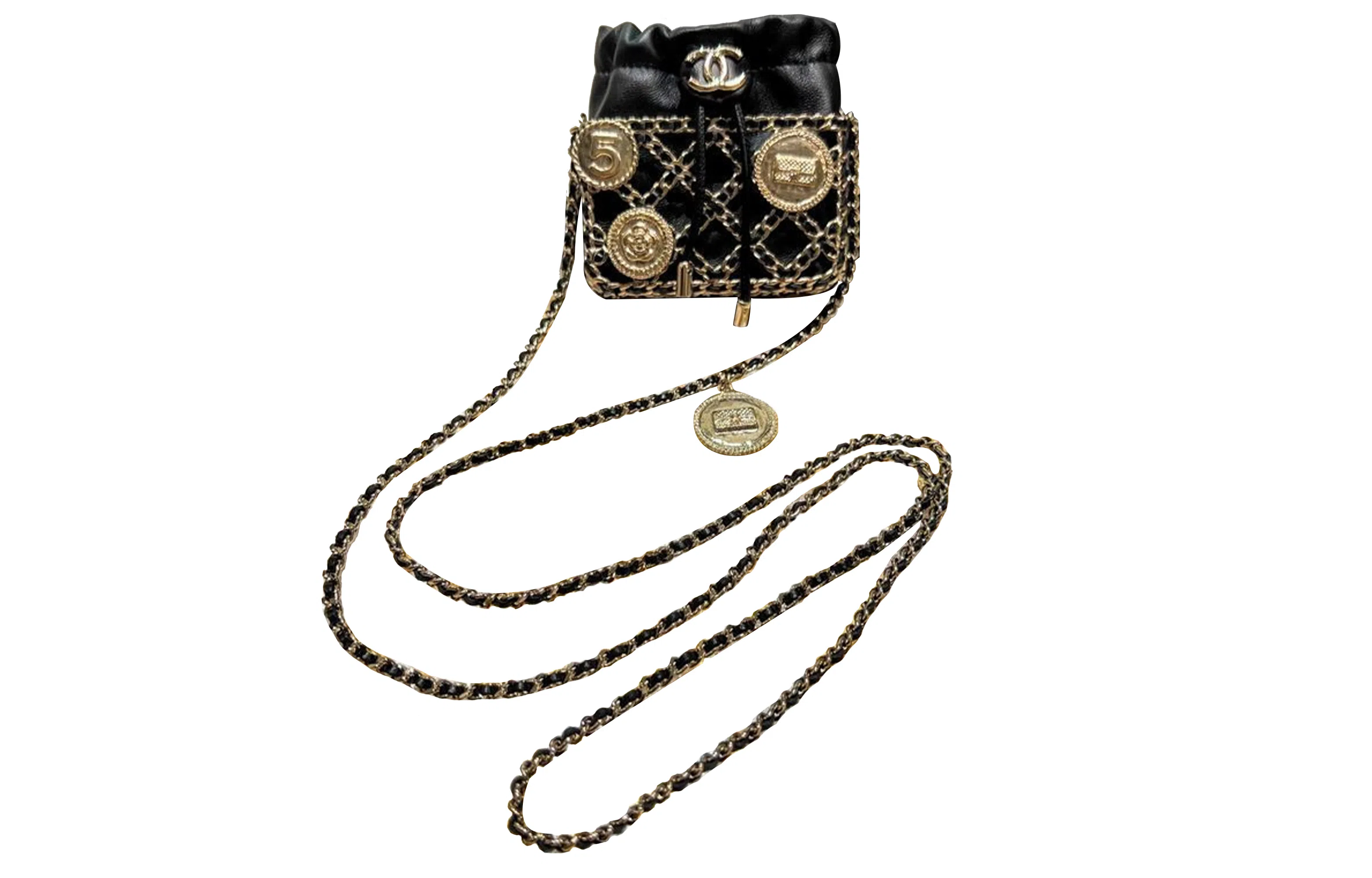 CHANEL Chain Drawstring Leather Coin Bag Black