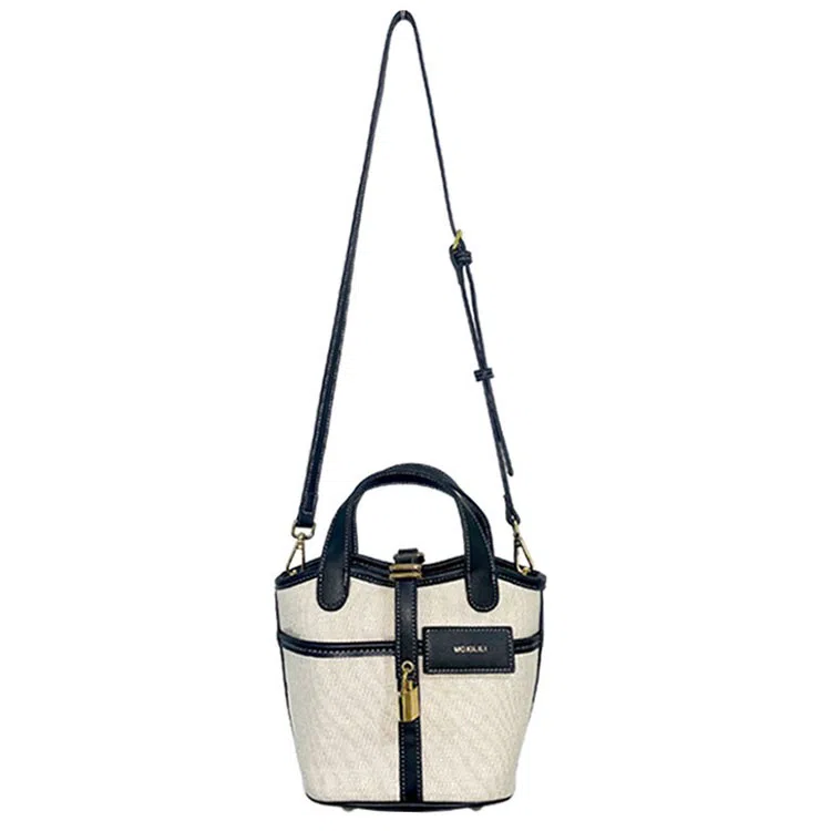 莫西里里 拼色拉链开合 帆布 水桶包菜篮子包手提单肩斜挎包 小号 女款 白色/黑色