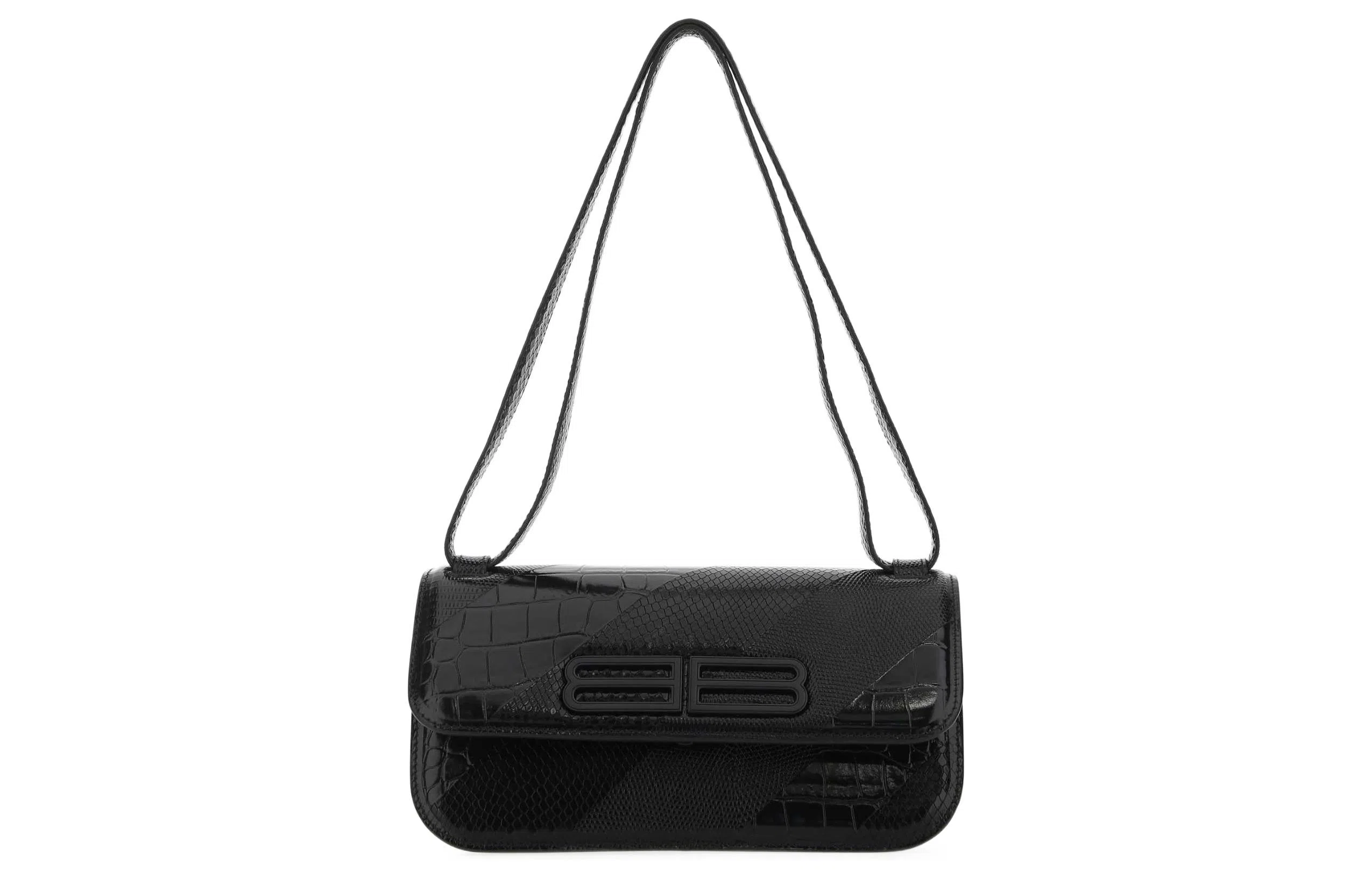 Balenciaga BB Croc Embossed Shoulder Bag Black