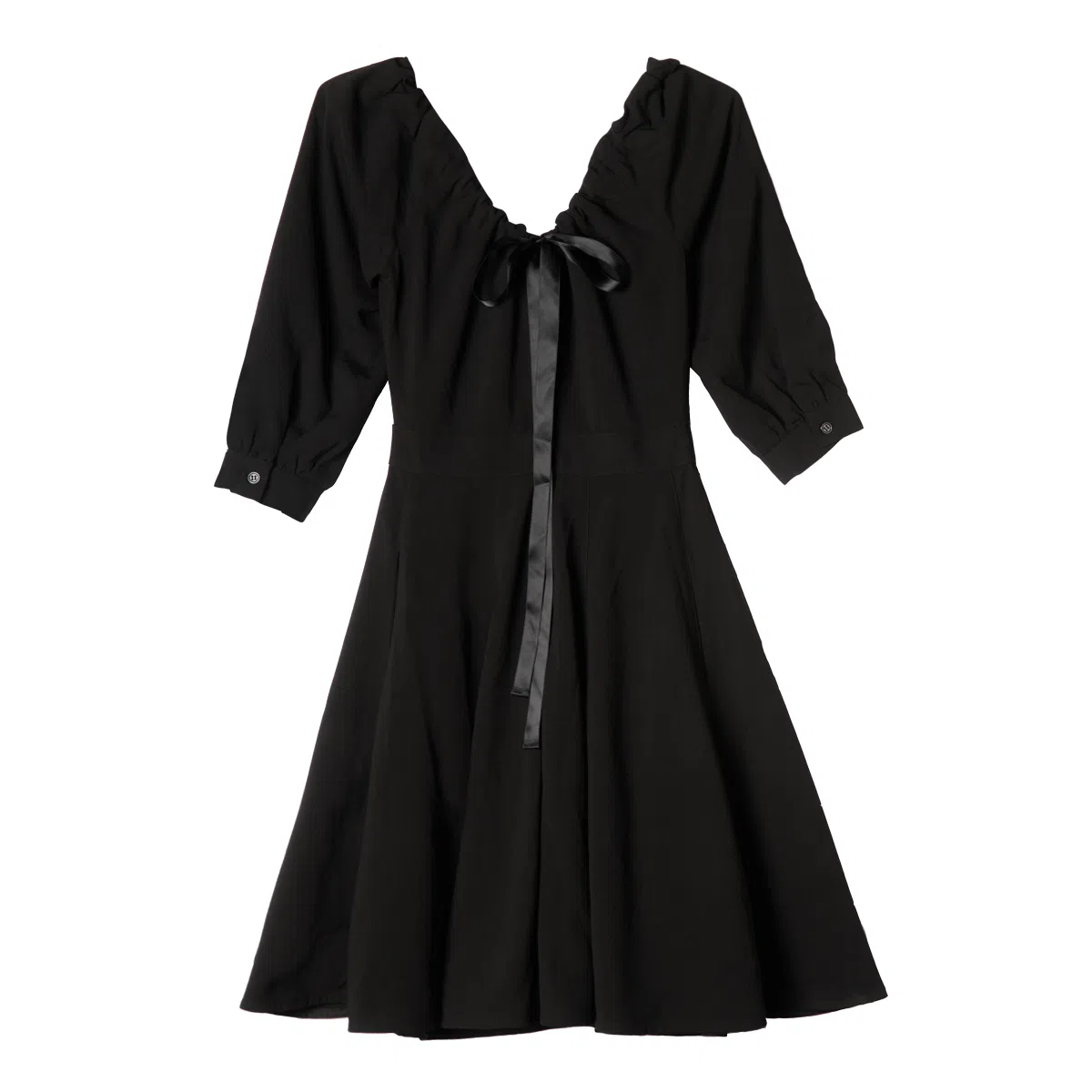 小镇姗姗 纯色绑带蝴蝶结高腰七分袖连衣裙