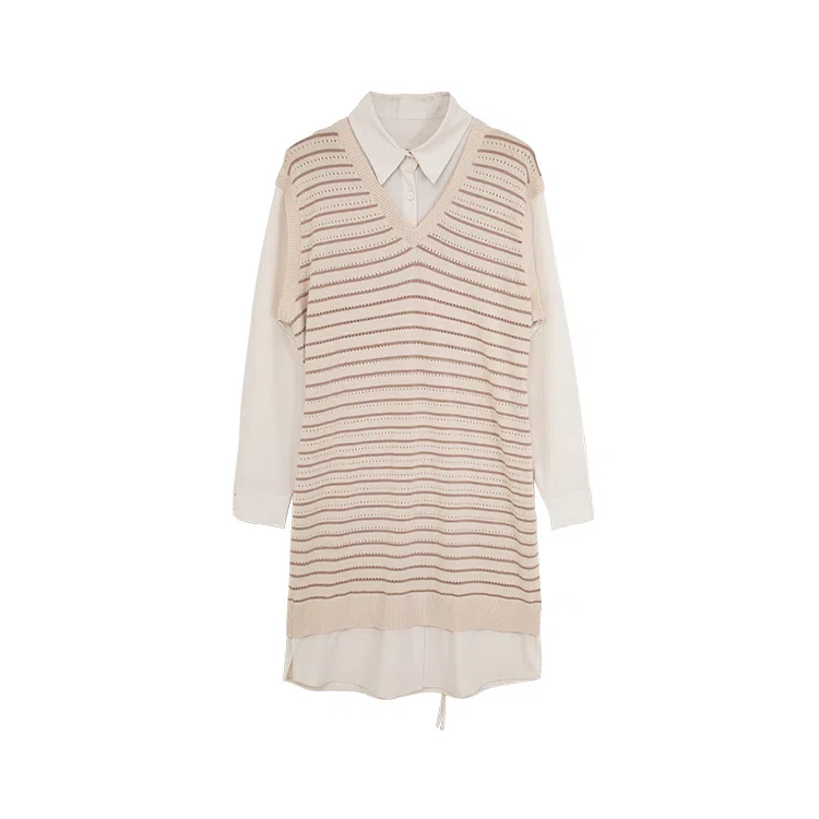 小镇姗姗 南瓜奶酪 条纹衬衫式长袖连衣裙