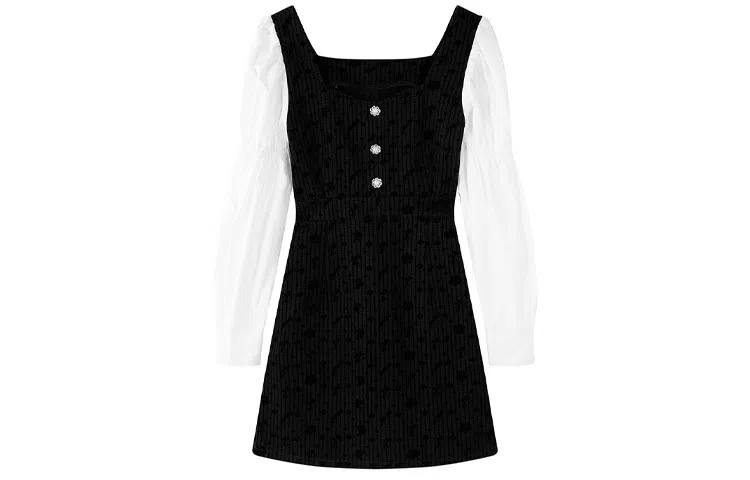 太平鸟 拼接纽扣方领短款长袖连衣裙 黑色