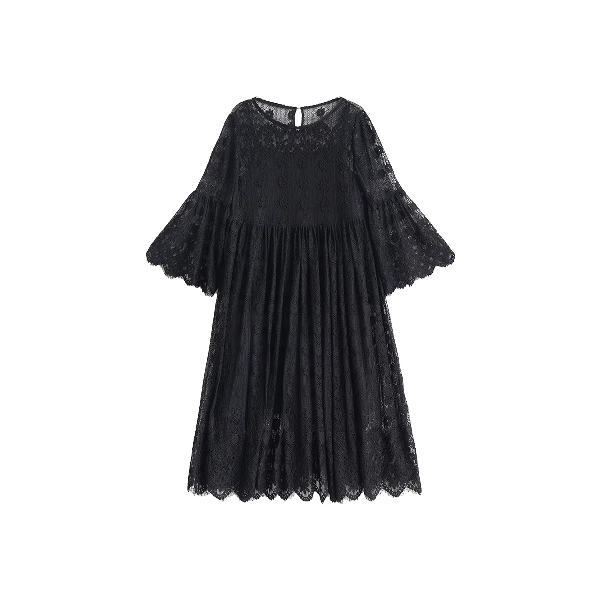 小镇姗姗 法式纯色圆领蕾丝喇叭长袖连衣裙