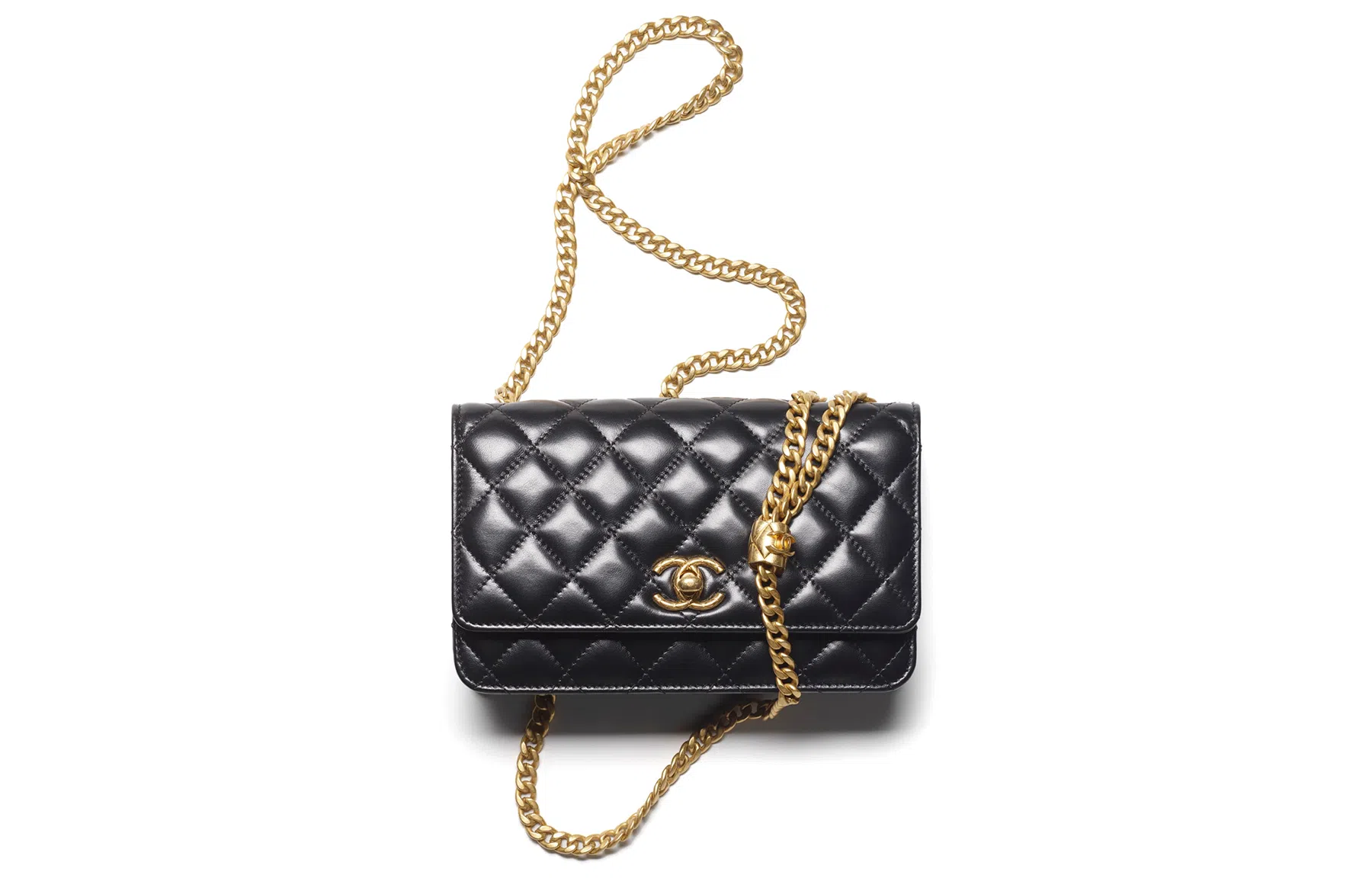 Chanel Small Gold Ball Quilted Lambskin Chain Wallet Black
