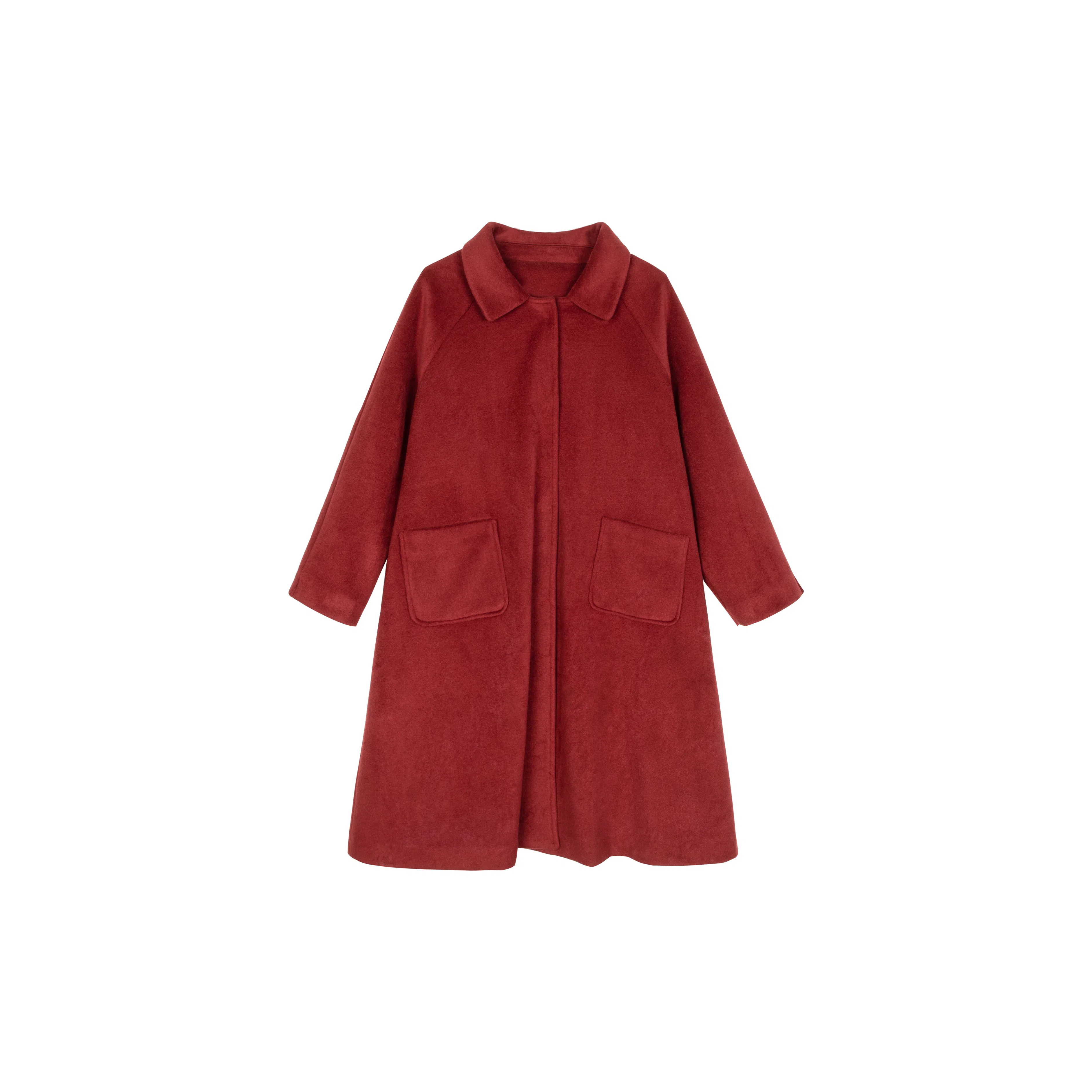 小镇姗姗 纯色纽扣口袋中长款长袖红色大衣 女款