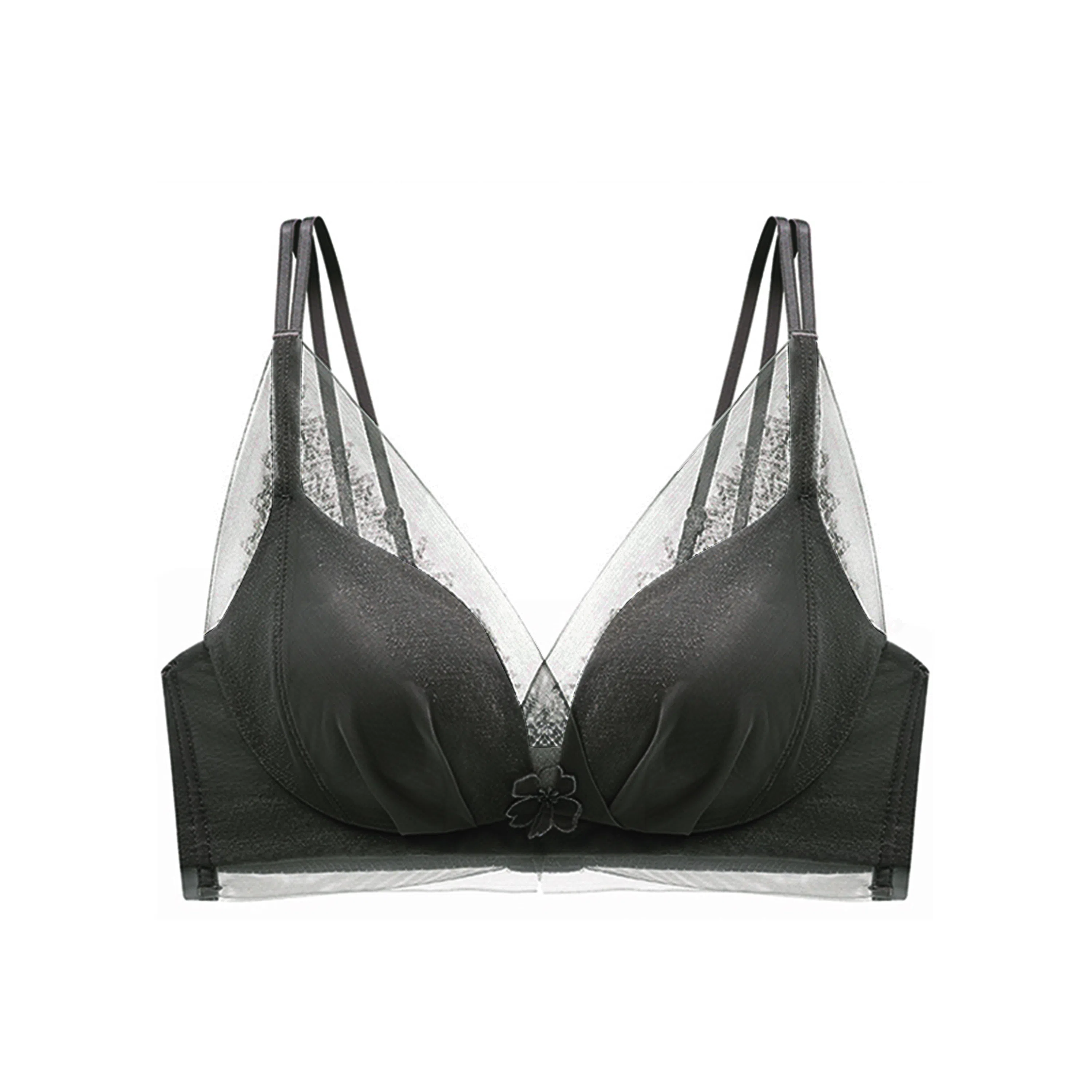 花蔓色 纯色网纱薄款内衣聚拢防下垂美背文胸