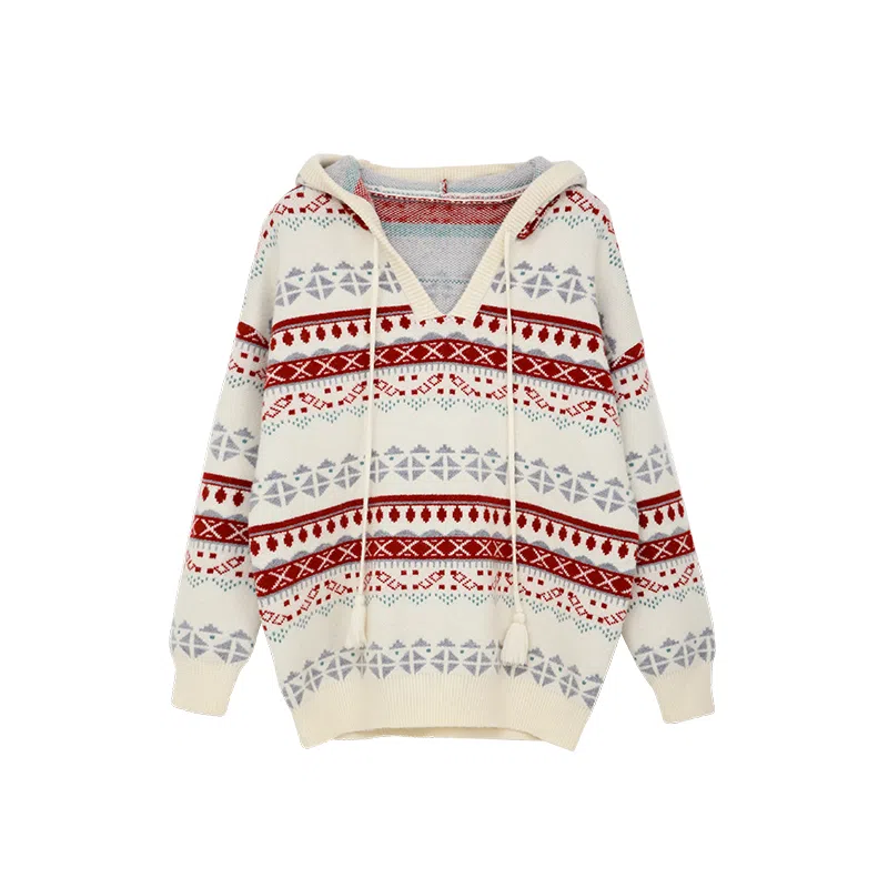 小镇姗姗 条纹连帽套头长袖针织衫 女款