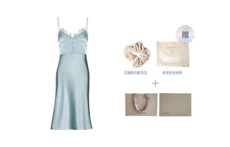 桑罗  弹力真丝桑蚕丝睡裙法式蕾丝吊带裙可外穿随心肩带睡衣 家居连衣裙  女款