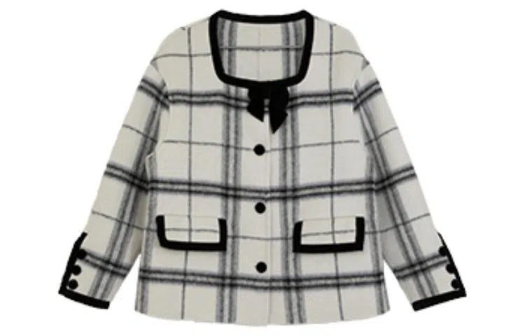 小镇姗姗 格纹方领双面呢大衣 女款 灰格子