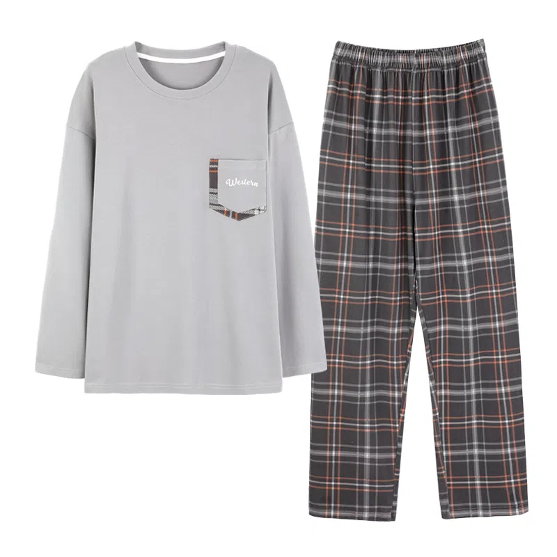 棉基因 纯棉春季长袖长裤睡衣男家居服套装 简约圆领睡衣 男款灰色