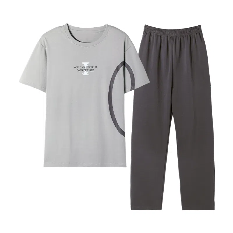 棉基因 纯棉短袖长裤睡衣 圆领家居服套装 春夏季 男款 灰色