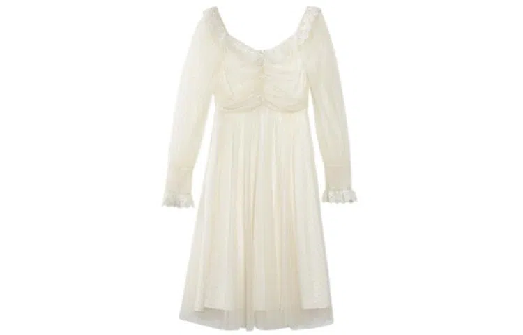 小镇姗姗 纯色蕾丝拼接长袖连衣裙 风铃杏