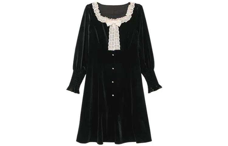 小镇姗姗 纯色丝绒蝴蝶结点缀长袖连衣裙 黛黑色