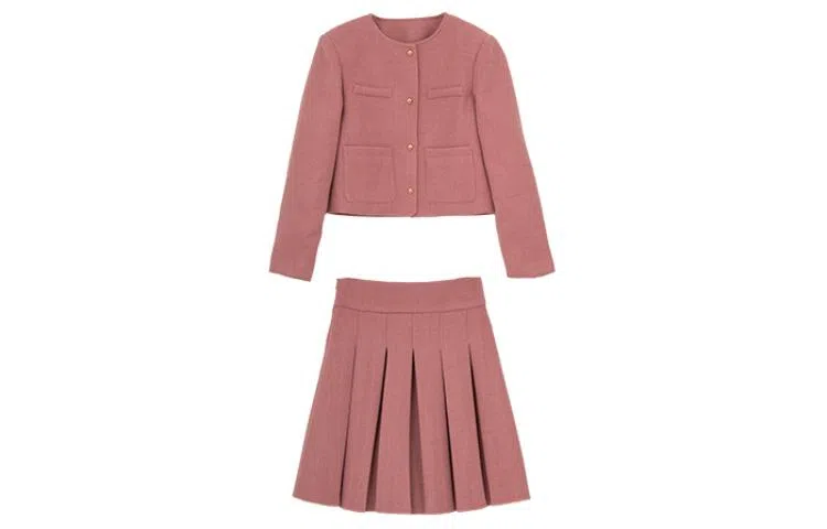 小镇姗姗 纯色圆领上衣短款半裙套装