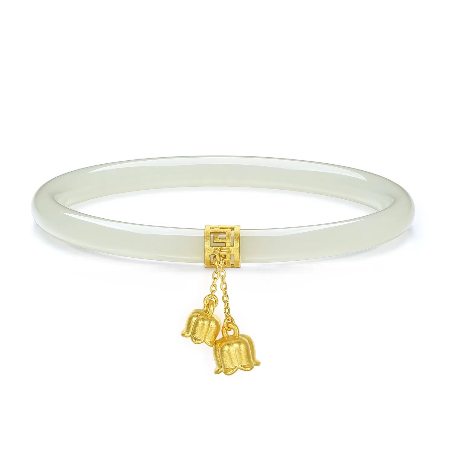 周大生 足金铃兰手镯金镶玉和田玉晴水叮当镯幸福铃兰女浅色温润和女镯子 情人节送女朋友女友礼物#礼物