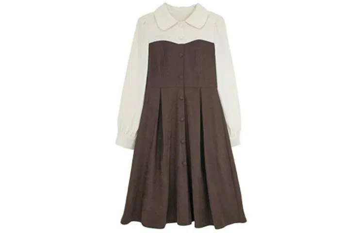 小镇姗姗 翻领拼接单排扣套头长袖连衣裙