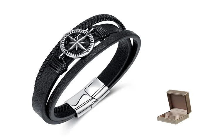 肯默八芒星圆盘钛钢手链 朋克风手环 编织皮手镯 简约磁吸开口 男款