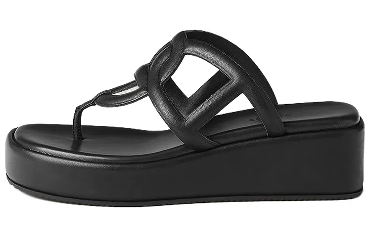 Hermes Leather Herringbone Platform Sandals Black
